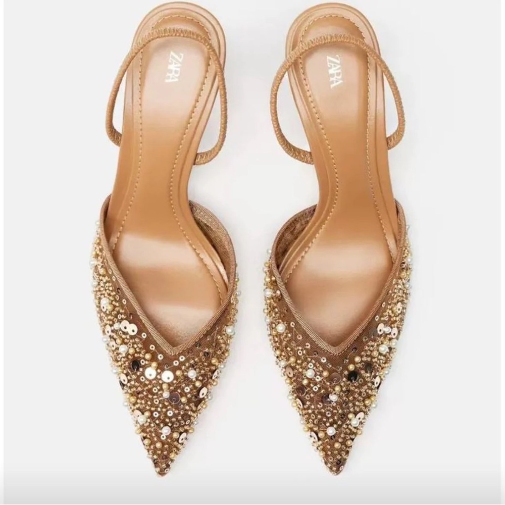 Zara pearl beaded embellished slingback pointed toe kitten heels - Picture 7 of 8